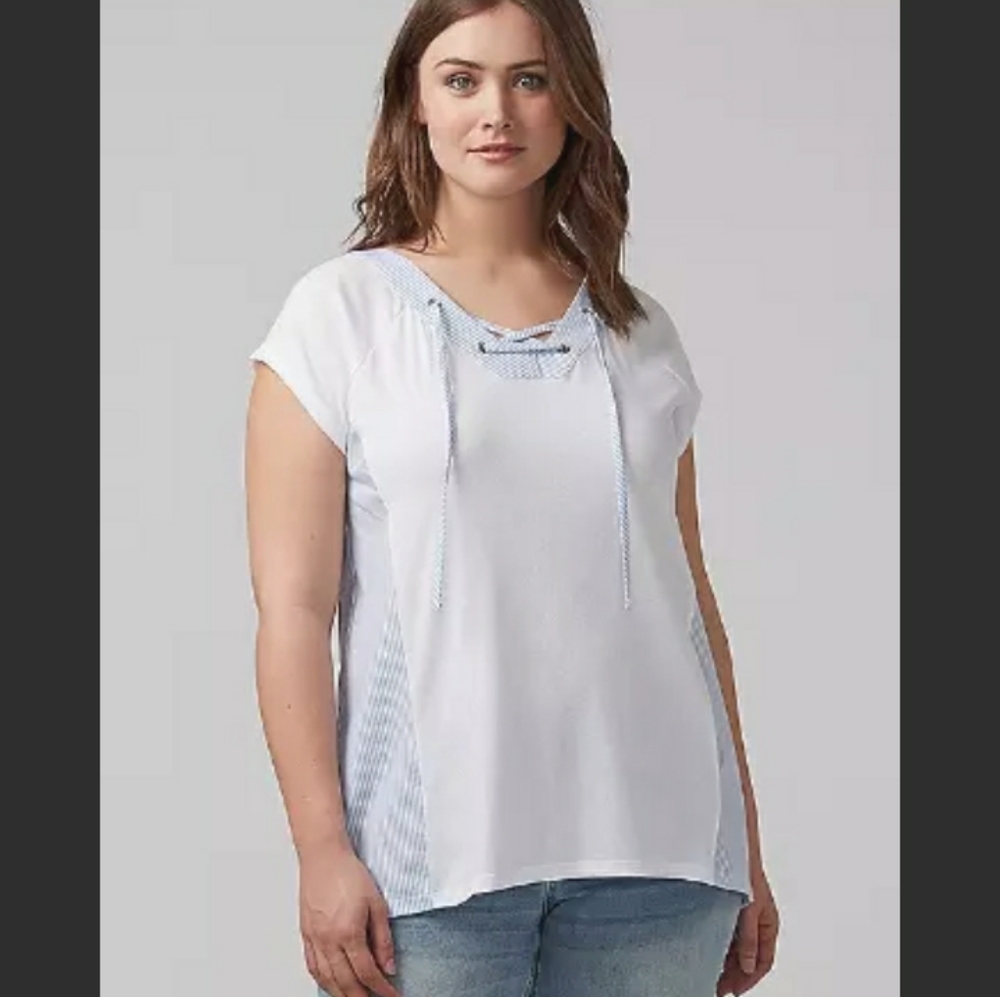 LANE BRYANT FABRIC-MIX LACE-UP BLUE WHITE TEE